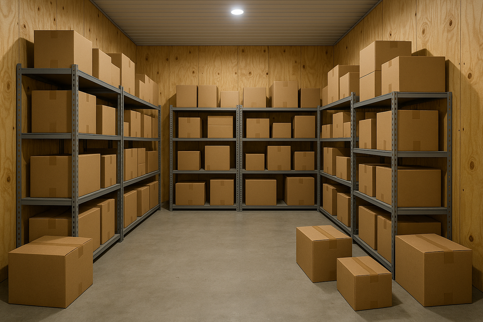 Storage bay with boxes and shelving at Buckeye Flex Space